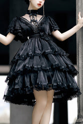 ダークブラックキャッスルナイトハイウエストフリル花嫁ゴスロリティアードドレス